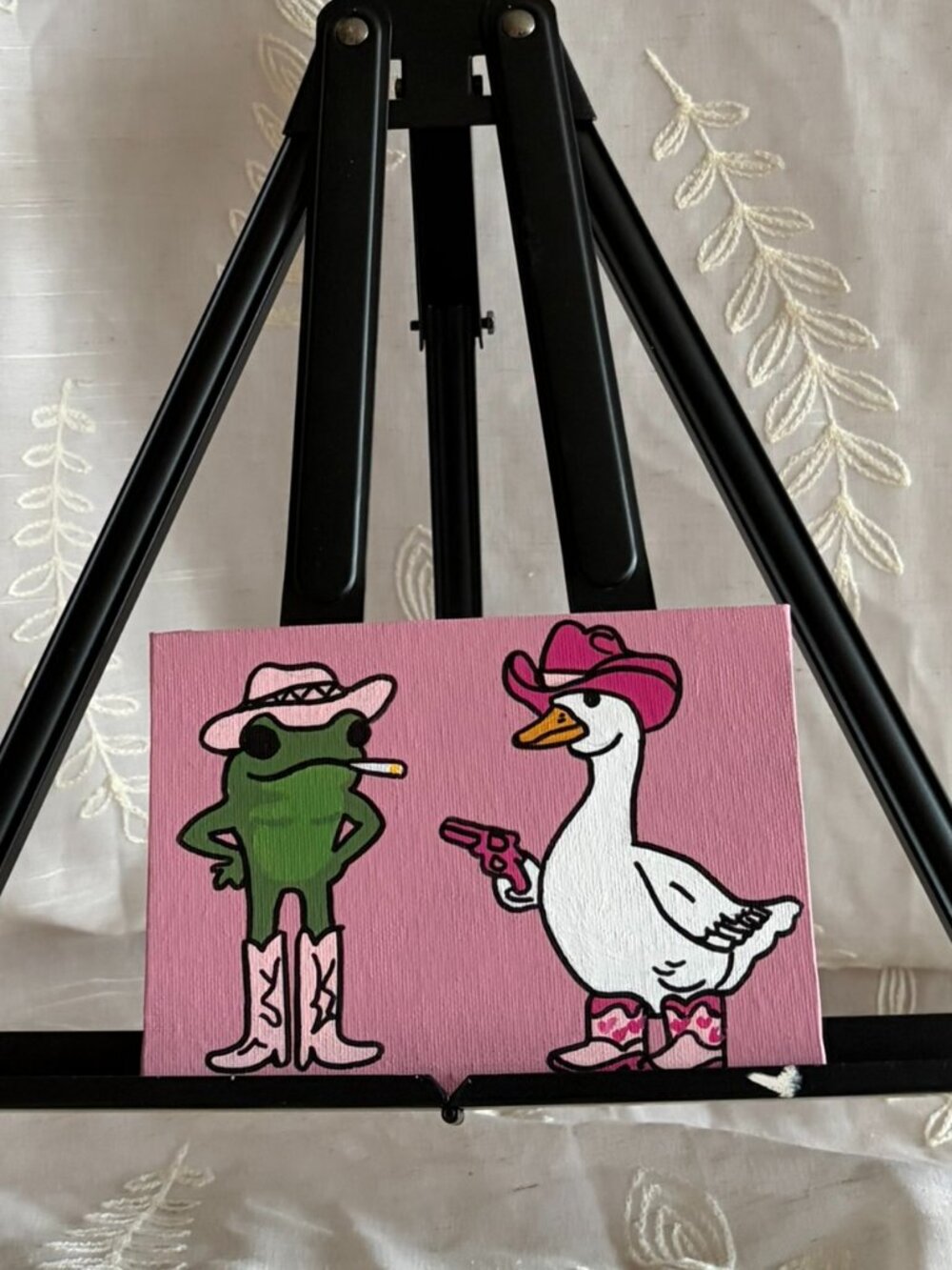 Hand Painted Cowboy Frog & Goose Canvas 5x7